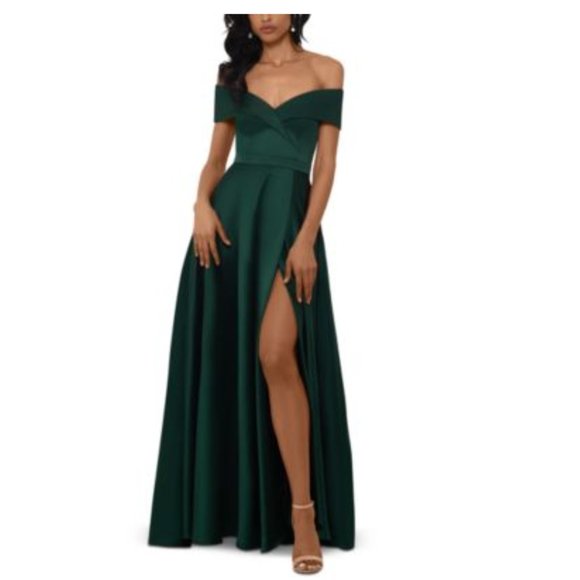 Xscape Dresses & Skirts - XSCAPE - EMERALD GREEN SATIN OFF SHOULDER GOWN-DRAPED NECK